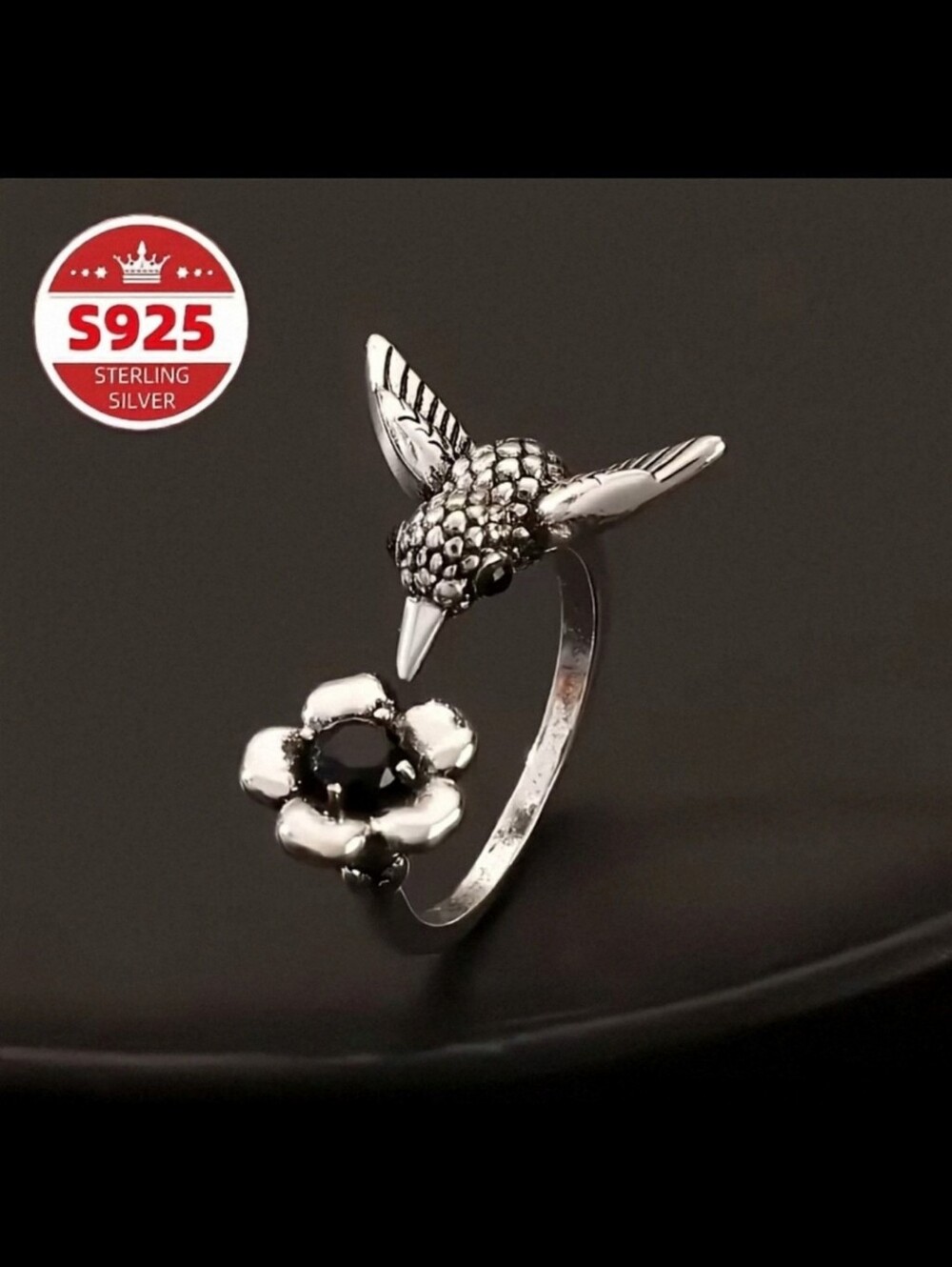 NWT*S925 Sterling Silver, Ring Hummingbird, Flower, Black stone. Adjustable *NEW